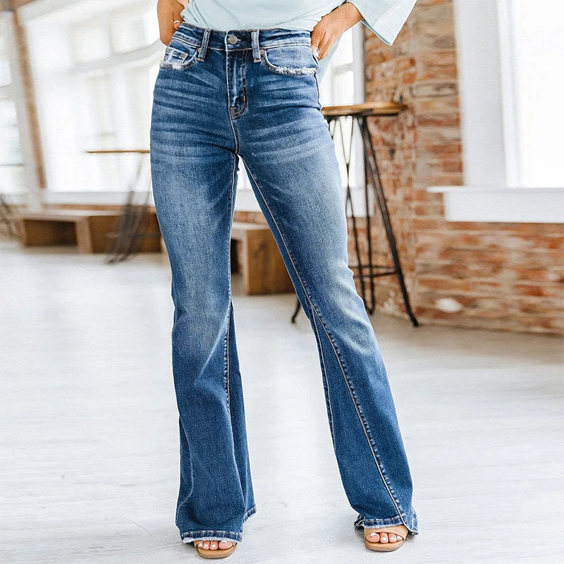 Amy Fashion - Patchwork Flared Vintage High Stretch Casual High Denim Jean