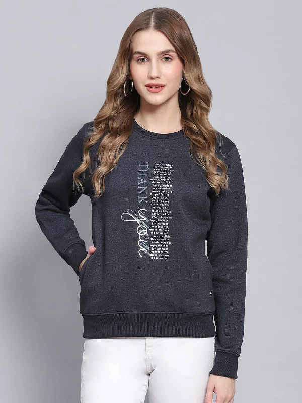 Women Navy Blue Printed Round Neck Full Sleeve Sweatshirts