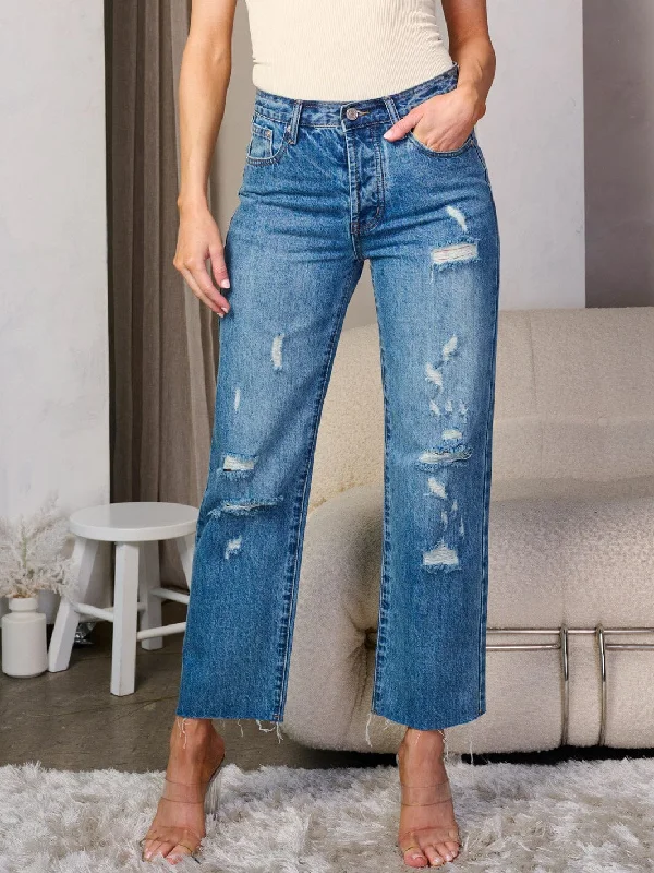 Button Closure Distressed Jeans