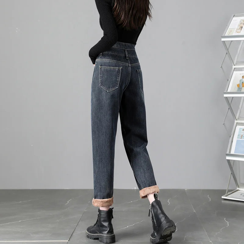 Amy Fashion - Warm Harem Thicken High Waist Vintage Loose Wide-leg Fleece Denim Jean