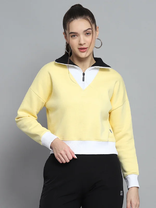 Women Yellow Solid Collar Full Sleeve Sweatshirt