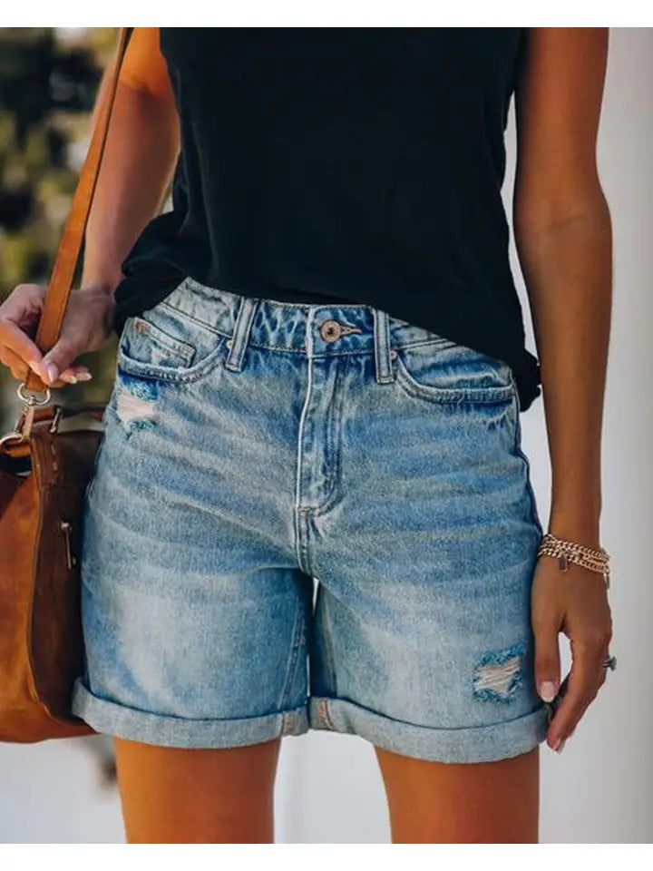 High Waist Folded Denim Shorts