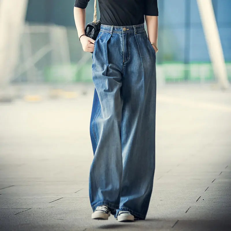 Amy Fashion - 85kg Oversize High Waist Denim Baggy Wide Leg Wash Mother Spring Korean Vintage Straight Streetwear Jean