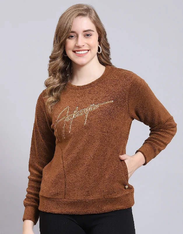 Women Brown Embroidered Round Neck Full Sleeve Sweatshirt