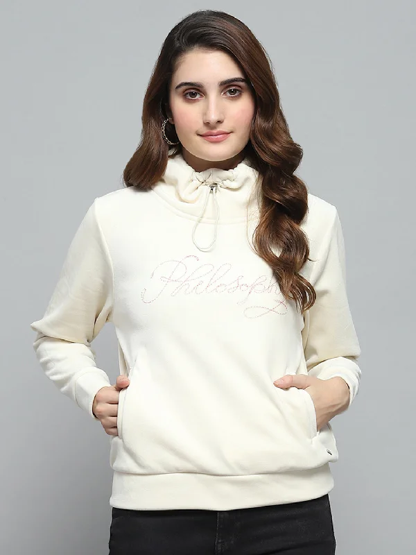 Women White Self Design Mock Neck Full Sleeve Sweatshirt