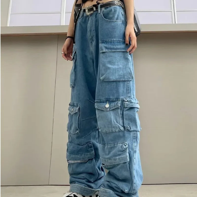 Amy Fashion - Streetwear Loose Oversized Straight-Leg Multi-Pocket Washed Cargo New Heavy Industry Y2K Vintage Jean