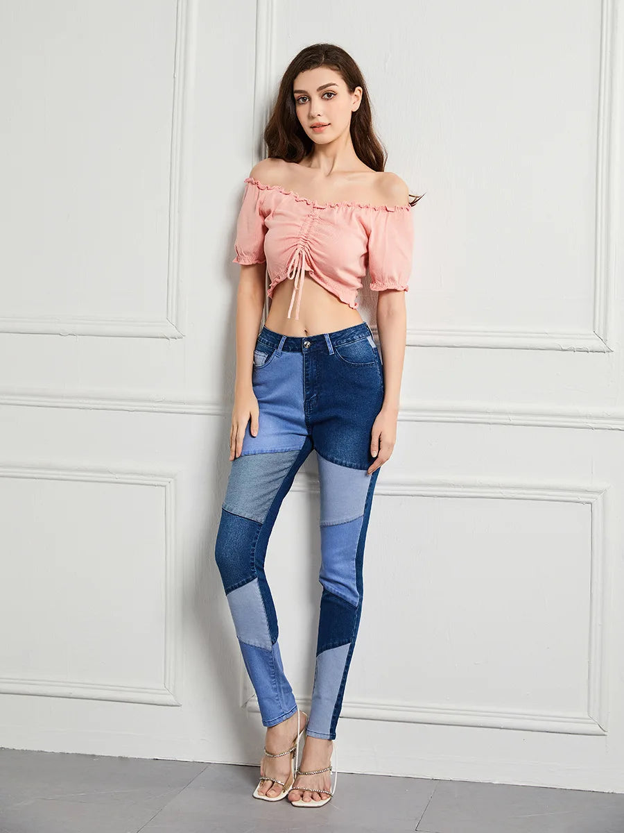 Amy Fashion - Stretch Patchwork Slim Fashion Vintage Streetwear Denim Jean