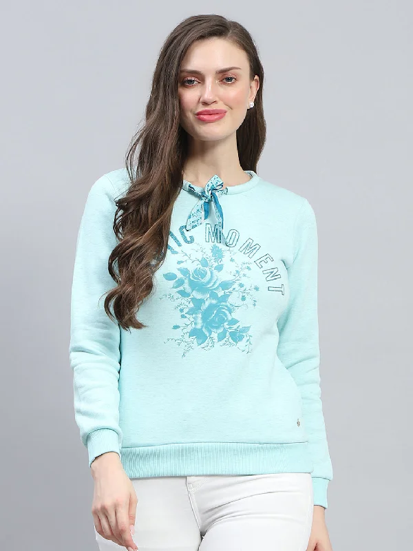 Women Blue Printed Round Neck Full Sleeve Sweatshirt