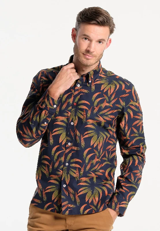 Chemise homme bleue marine avec grandes feuilles