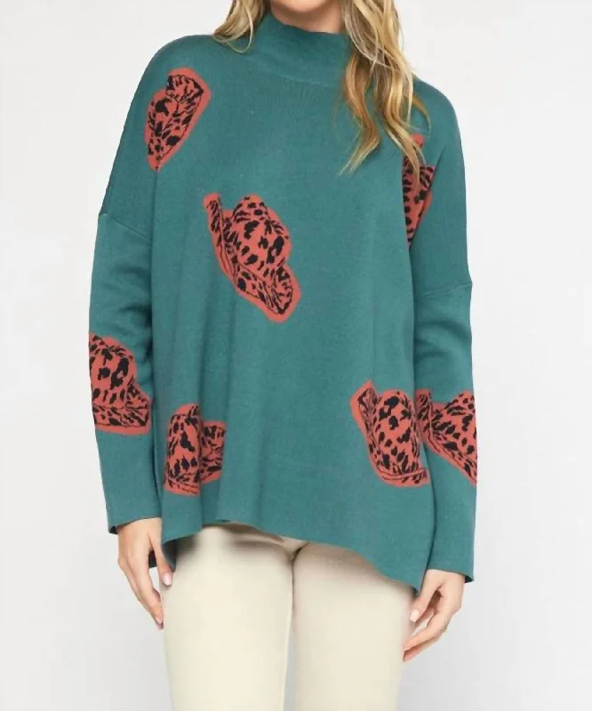 Alexandra Cowboy Hat Mock Neck Long Sleeve Sweater Top In Forest