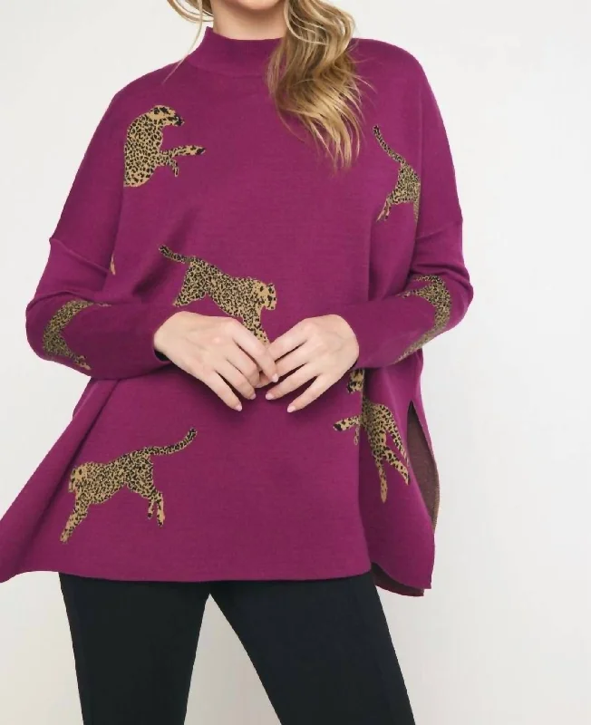 Annie Cheetah Print Mock Neck Long Sleeve Sweater Top In Plum