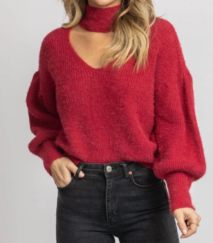 Fuzzy Open Neck Turtleneck Sweater In Red