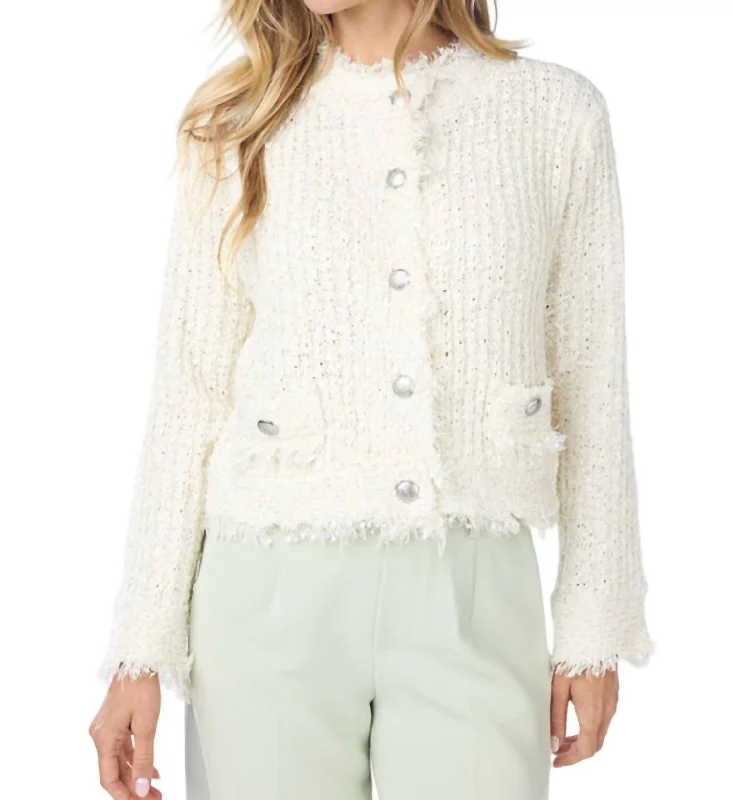 Fuzzy Tweed Cardigan In Off White