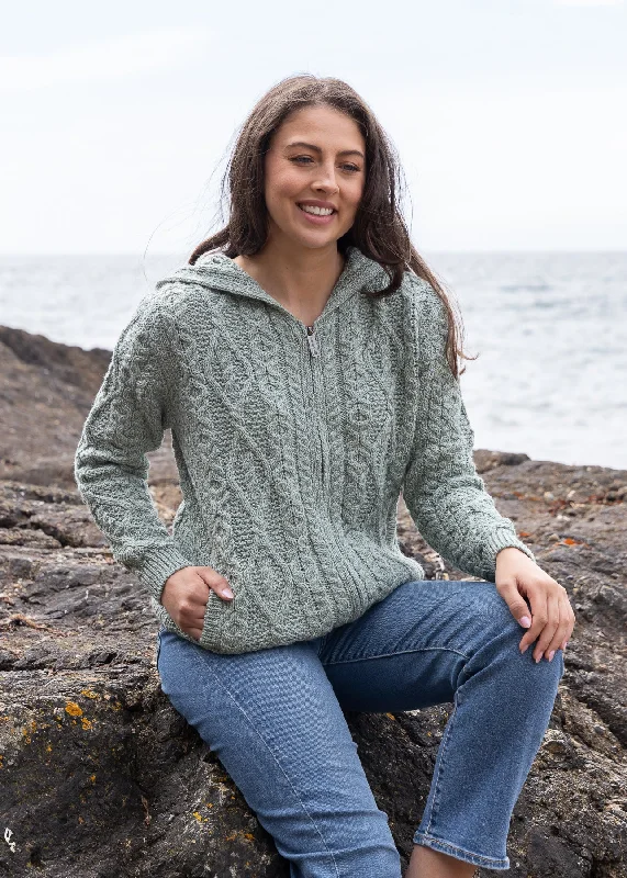 Women's Aran Hooded Cardigan | Sage Marl