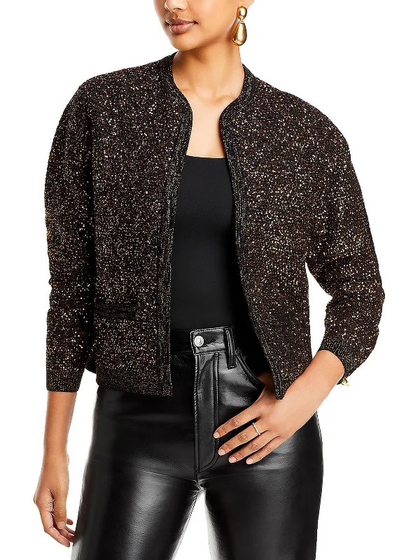 Penelope Womens Metallic Sequined Cardigan Sweater