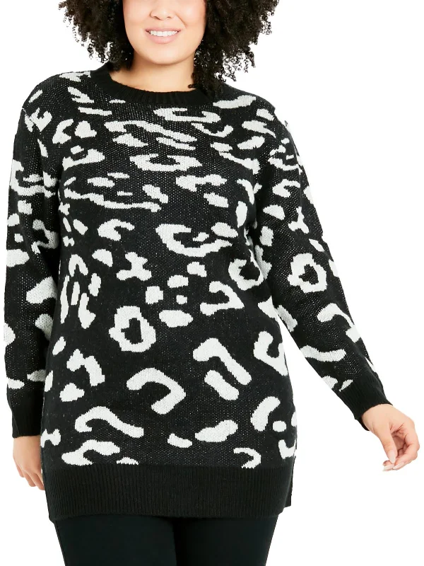 Plus Womens Leopard Print Long Pullover Sweater