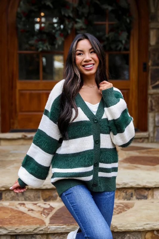 FINAL SALE - Snuggly Expression Hunter Green Striped Oversized Sweater Cardigan