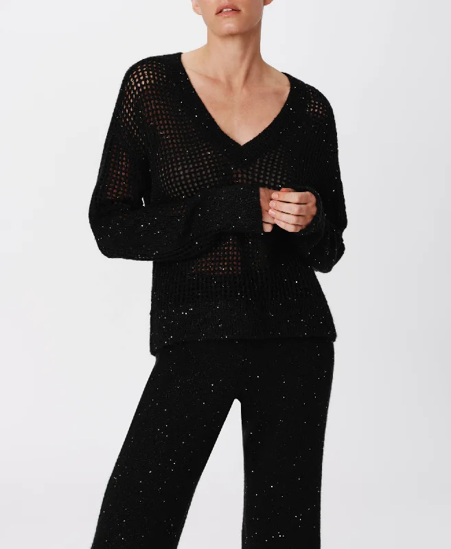 Sequin Wool Blend Net Stitch Sweater - Black