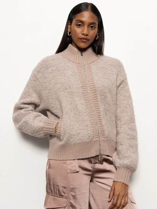 Boucle Knit Bomber Sweater Feather