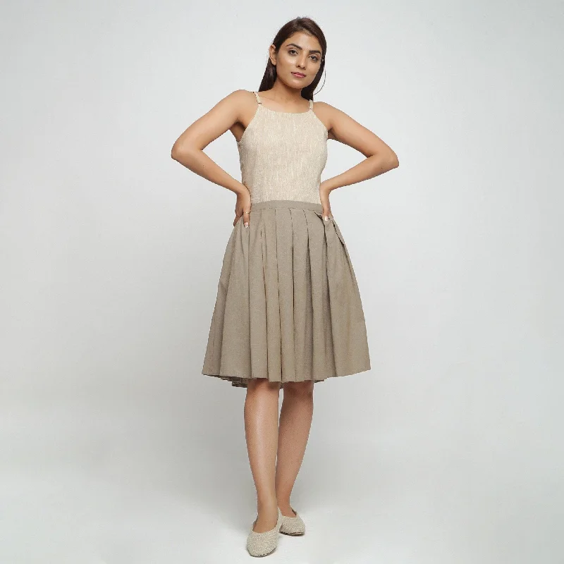 Beige Cotton Flax Pleated Knee Length Skirt