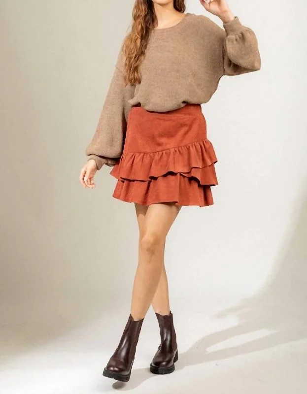 Corduroy Ruffle Skirt In Rust