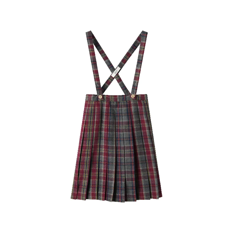 plaid pleated suspender skirt - burgundy plaid