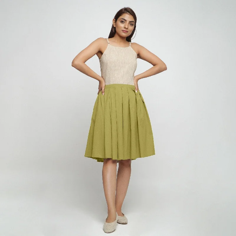 Olive Green Cotton Flax Pleated Knee Length Skirt