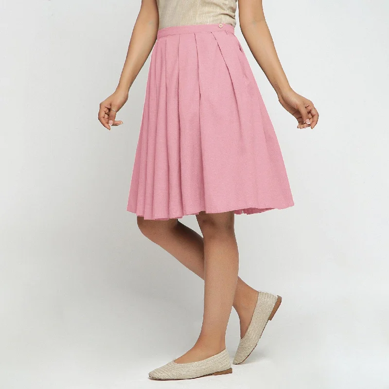 Pink Cotton Flax Knee Length Pleated Skirt