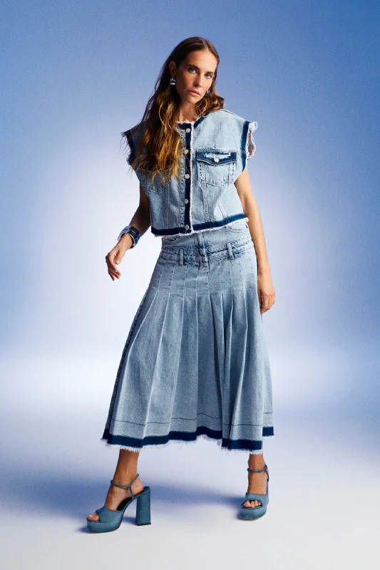 Pleated Long Denim Skirt