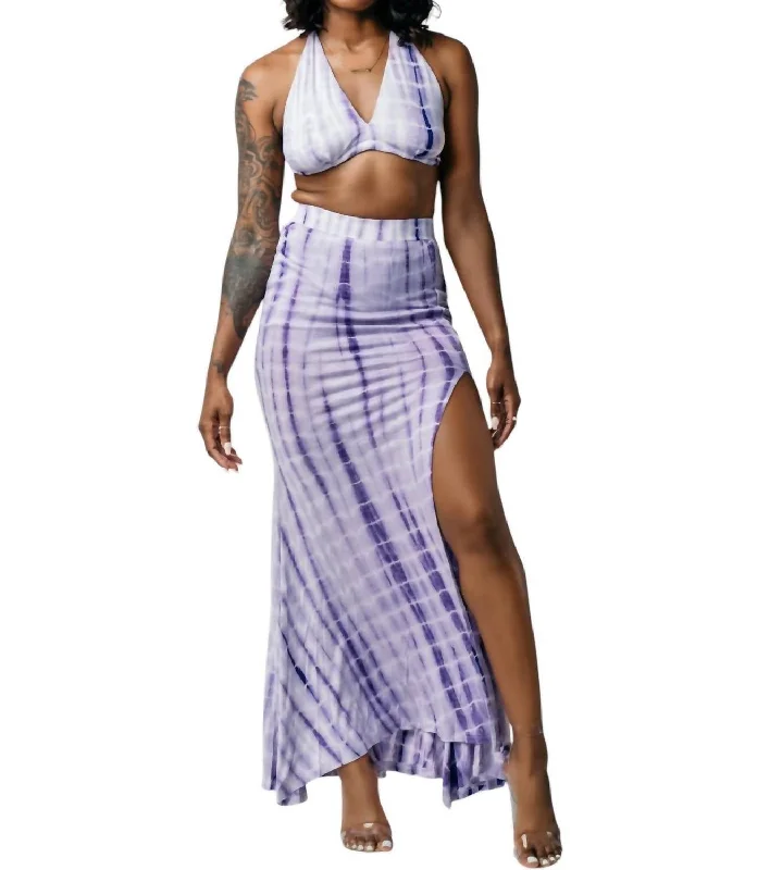 Tie Dye Maxi Skirt Set With Split In Lavender